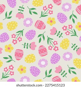 Seamless pattern with hand drawn Easter eggs, flowers and leaves. Cutout colorful plants and eggs on grey background. Vector illustration