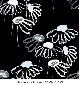 Seamless pattern with hand drawn Echinacea flowers on black background for surface design and other design projects