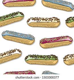 Seamless pattern with hand drawn eclairs on a white background.