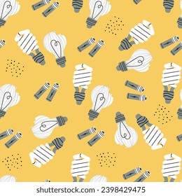 Seamless pattern of hand drawn ecological symbols with a light bulb and battery.Energy conservation of the land. Illustration in flat style on a dark background. Earth conservation and ecology