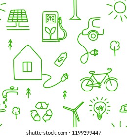 Seamless pattern of hand drawn ecology symbols with house, wind power plant, solar power plant, sun, lamp, e-car, bike, gas station, water, batery, trees and lettering. Vector illustration