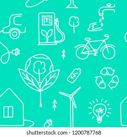 Seamless pattern of hand drawn ecology symbols with house, wind power plant, solar power plant, sun, lamp, e-car, bike, gas station, water, batery, trees and lettering. Vector illustration