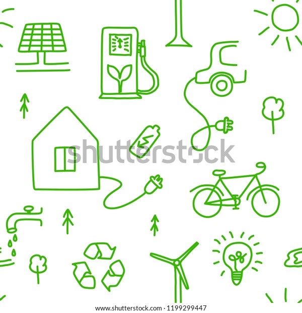 Seamless\
pattern of hand drawn ecology symbols with house, wind power plant,\
solar power plant, sun, lamp, e-car, bike, gas station, water,\
batery, trees and lettering. Vector\
illustration