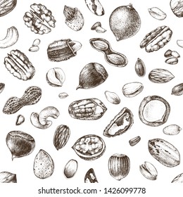 Seamless pattern with hand drawn edible nuts. Vector illustration