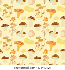Seamless pattern with hand drawn edible mushrooms