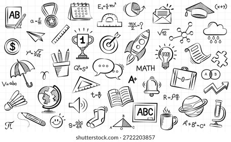 Patrón sin fisuras de garabatos de educación dibujados a mano. Fondo del bosquejo del Vector que presenta los útiles escolares, la ciencia, las matemáticas, los trofeos del logro, y los símbolos de la creatividad en estilo del contorno blanco y negro