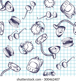 Seamless pattern with  hand drawn education theme on checkered copybook background