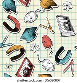 Seamless pattern with  hand drawn education theme on checkered copybook background