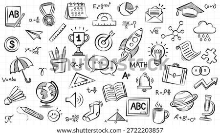 Seamless pattern of hand drawn education doodles. Vector sketch background featuring school supplies, science, math, achievement trophies, and creativity symbols in black and white outline style