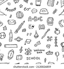 Seamless pattern with hand drawn educational school elements. Back to school collection. Welcome back. Vector illustration