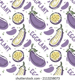 Seamless pattern with hand drawn eggplants. Doodle style aubergine  elements 