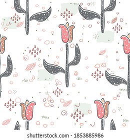 Seamless Pattern with Hand Drawn Elegant Flowers. Scandinavian Hand Drawn Style. Vector Illustration