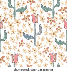 Seamless Pattern with Hand Drawn Elegant Flowers. Scandinavian Hand Drawn Style. Vector Illustration