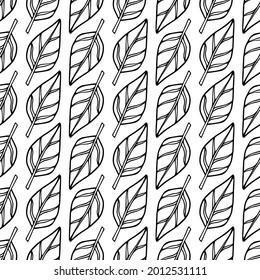 Seamless pattern of hand drawn elegant tree leaves isolated black on white background. Vector illustration