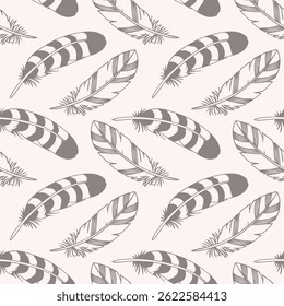 Seamless pattern with hand drawn elegant feathers. Illustration in grey and white colors.