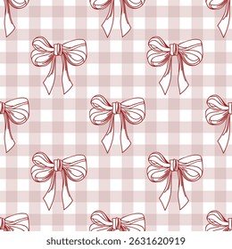 Seamless pattern, hand drawn elegant pink bows on gingham checkered fabric. Flirty background, wallpaper.