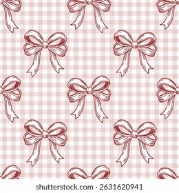 Seamless pattern, hand drawn elegant pink bows on gingham checkered fabric. Flirty background, wallpaper.
