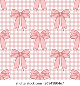 Seamless pattern, hand drawn elegant pink bows on gingham checkered fabric. Flirty background, wallpaper.