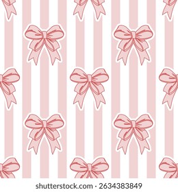 Seamless pattern, hand drawn elegant pink bows on striped background. Flirty background, wallpaper decor.