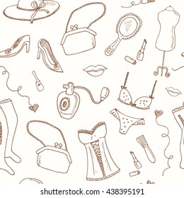 Seamless Pattern with Hand drawn elegant vintage ladies set with retro woman fashion clothes and decorative elements isolated vector illustration