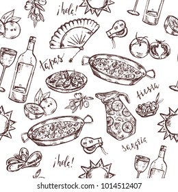 Seamless pattern with hand drawn elements typical for spanish culture. Translation of words "hello. holiday."