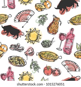 Seamless pattern with hand drawn elements typical for spanish culture. 