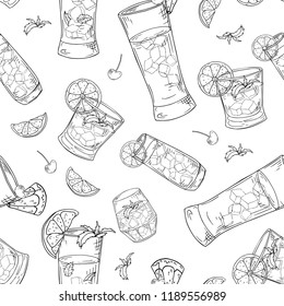 Seamless pattern with hand drawn elements. Cocktails on white background. Vector illlustration.