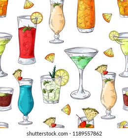 Seamless pattern with hand drawn elements. Cocktails on white background. Vector illlustration.