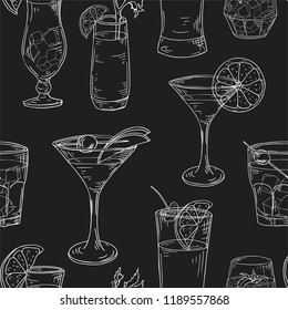 Seamless pattern with hand drawn elements. Cocktails on white background. Vector illlustration.