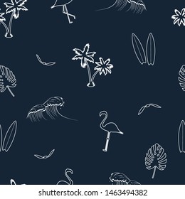 Seamless pattern with hand drawn elements - palm trees, surfboards, waves, flamingo, tropical leaves and gull birds. Vector illustration.