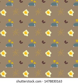 Seamless pattern with hand drawn elements for breakfast on a coffee color background. Eggs and toaster . Morning breakfest