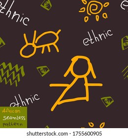 Seamless pattern with hand drawn elements, symbols ( antelope, woman, grass, sun ) simulating petroglyphs and lettering. Nice ethnic print for fabric, cloth. Abstract decorative wallpaper.