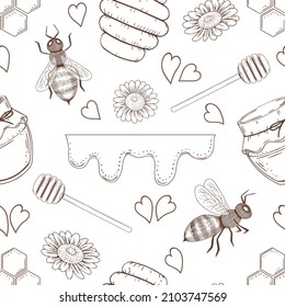 Seamless pattern from hand drawn elements. Honey, bees, flowers. Endless monochrome texture. Vector illustration.