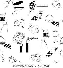 Seamless pattern with hand drawn elements doodles resturant. Italian French food set. Party catering cooking concept. Vector illustration modern style isolated on white background.