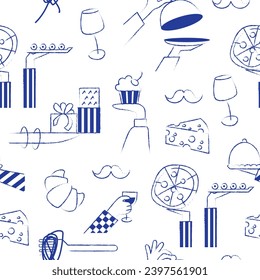 Seamless pattern with hand drawn elements doodles resturant. Italian French food set. Party catering cooking concept. Vector illustration modern style isolated on white background.