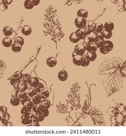 Seamless pattern with hand drawn elements. Vintage illustration of grape vines with leaves and flowers