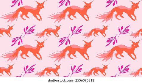 Seamless pattern with hand drawn elements of foxes and forest plants. Floral textures for backgrounds, wallpapers, textiles and fashion.