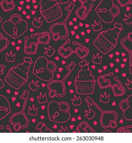 Seamless pattern with hand drawn elements. Background for lovely cards, wrapping paper or textile.