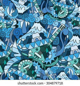 Seamless pattern with hand drawn elements of the Mexican style in blue. Background template for web design, wallpaper, covers, booklets.