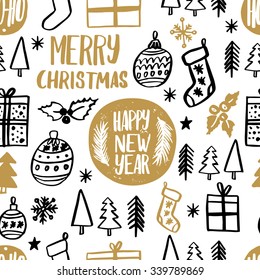 Seamless pattern with hand drawn elements. New Year and Christmas wrapping paper for your design. Decorative background. Custom hand lettering.
