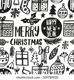 Seamless pattern with hand drawn elements. New Year and Christmas wrapping paper for your design. Decorative background. Custom hand lettering.