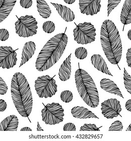 Seamless pattern with hand drawn elements. Leaves, drops and circles shapes.