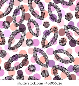 Seamless pattern with hand drawn elements on a polka dot background.