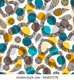 Seamless pattern with hand drawn elements. Hearts, drops and circles shapes on a polka dot background.