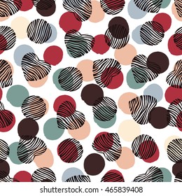 Seamless pattern with hand drawn elements. Hearts and circles shapes. Design artistic element for card, print, wallpaper.