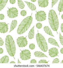 Seamless pattern with hand drawn elements. Leaves, drops and circles shapes.