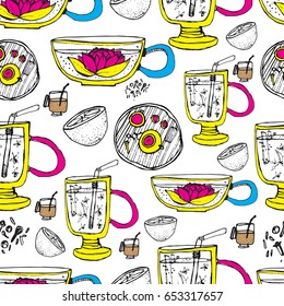 Seamless pattern with hand drawn elements. Tea set. Menu decoration. Cartoon. Simple stylized forms. Bright cups and teapots