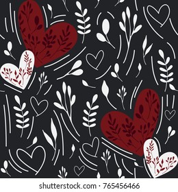 Seamless pattern with hand drawn elements. Love, hearts and branches. Doodle style. Lovely background