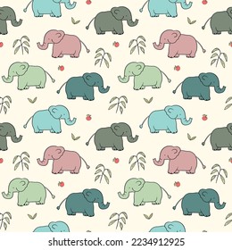 Seamless Pattern with Hand Drawn Elephant Design on Light Yellow Background