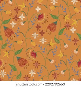 Patrón sin foco con flores de bordado dibujadas a mano. Diseño tradicional. Impresión de moda. Plantas artísticas, flores y ramas de flores. Ilustración vectorial de dibujo floral sobre fondo naranja